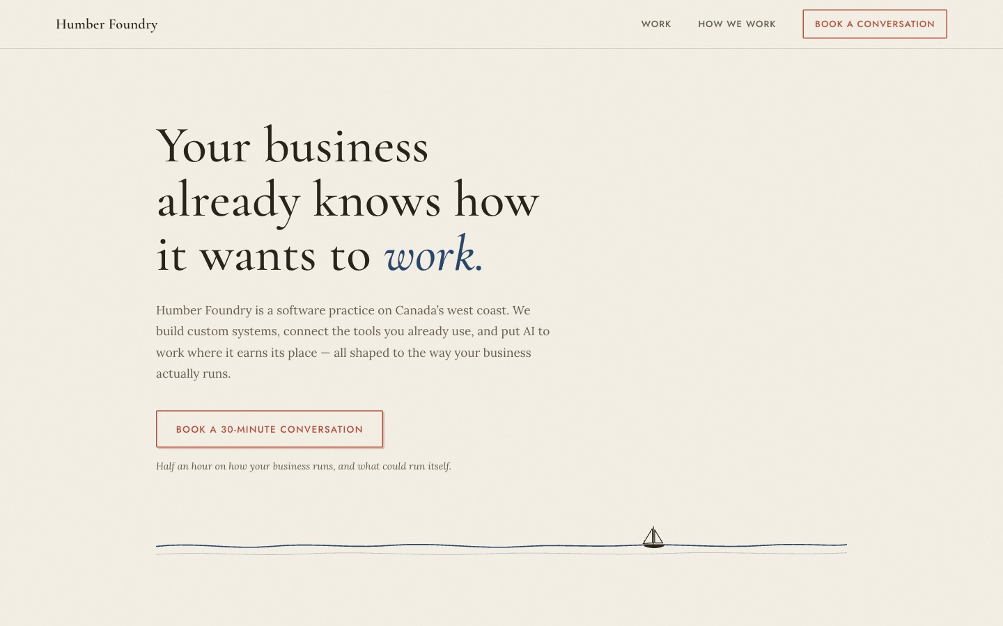 Letterpress, second impression — left-set editorial hero on cream, an ink swell line with a small sloop
