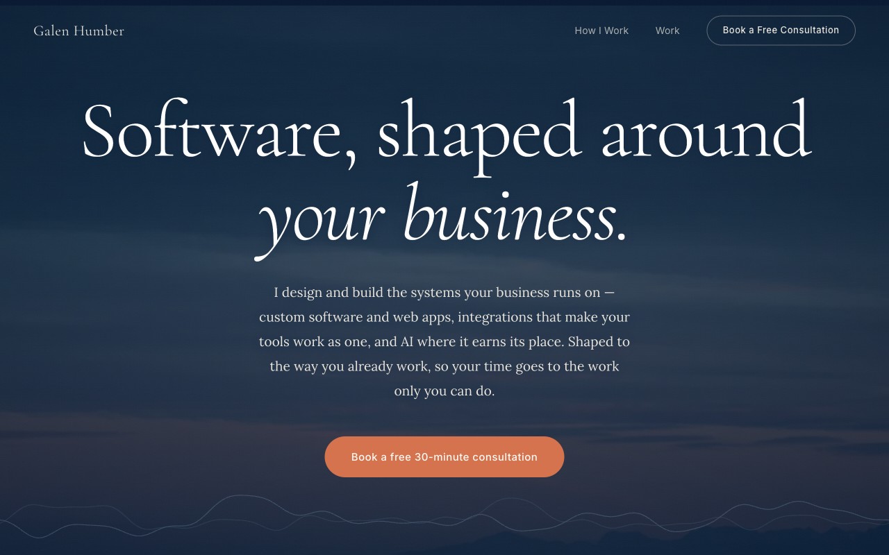 The dusk-sea original — deep ocean hero, 'Software, shaped around your business'