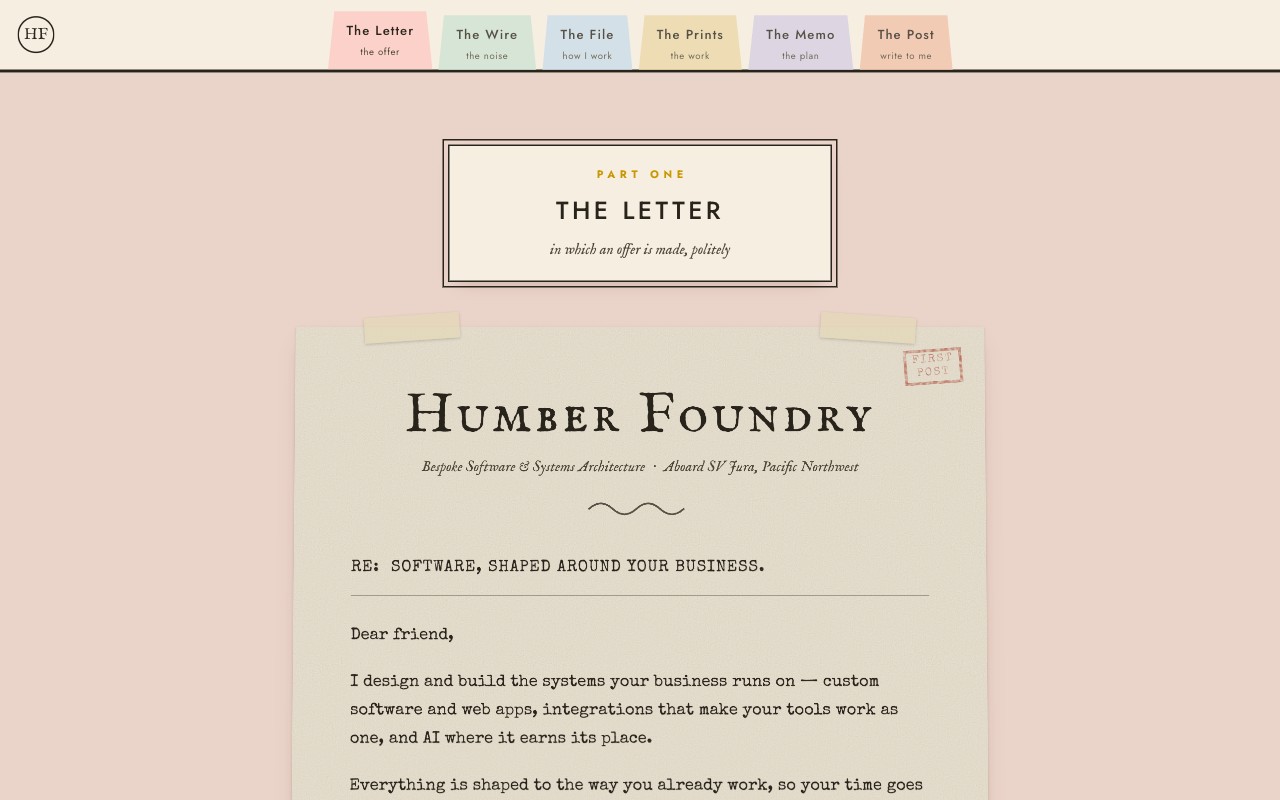 The Wes Anderson cut — pastel folder tabs and a double-ruled 'PART ONE — THE LETTER' title card on blush pink